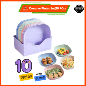10Pcs Creative Food Grade Plastic Plates Set with Stand