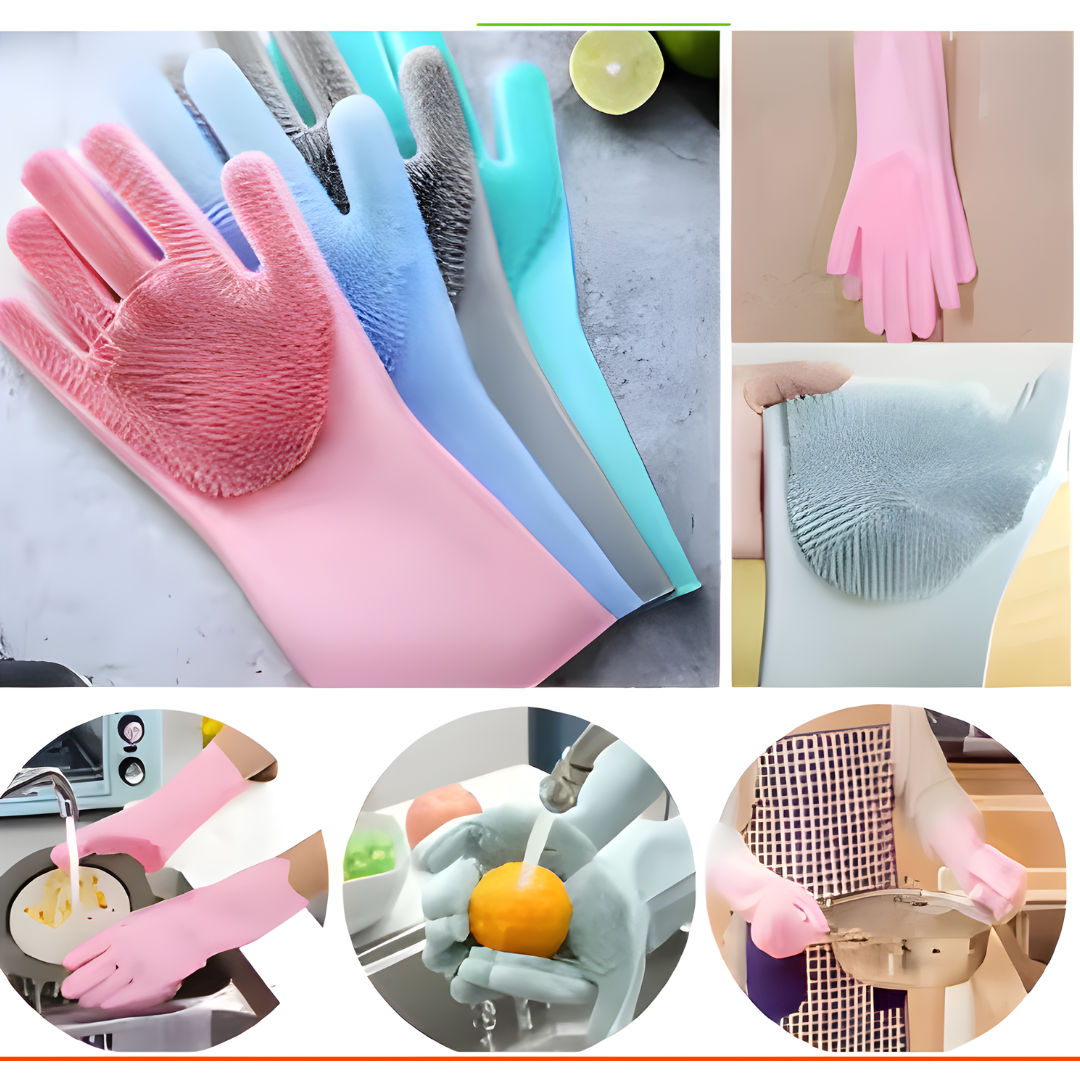 Magic Reusable Silicone Dishwashing Gloves with Scrubber