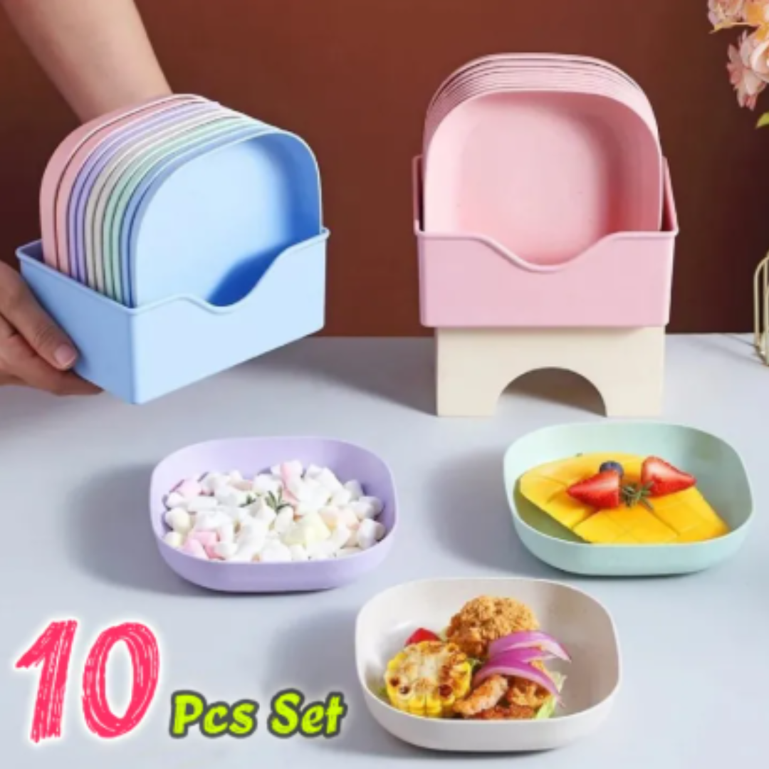 10Pcs Creative Food Grade Plastic Plates Set with Stand - Image 2